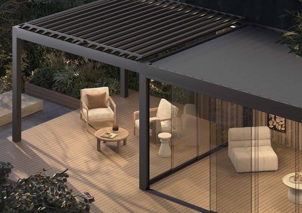 Terrassendach Cube Basic mit Lamellen in Vogelperspektive