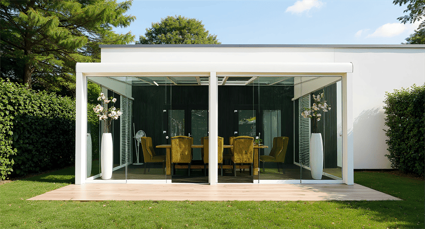 Weiße Gartenlüx Aperto Terrassenüberdachung mit Glasschiebewänden, eingerichtet als moderner Outdoor-Essbereich mit grünen Samtstühlen.