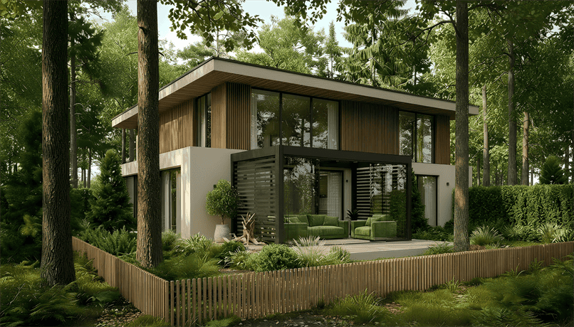 Moderne Gartenlüx Cube Terrassenüberdachung mit Flachdach-Optik und Glasschiebewänden an einem Designerhaus im Wald.