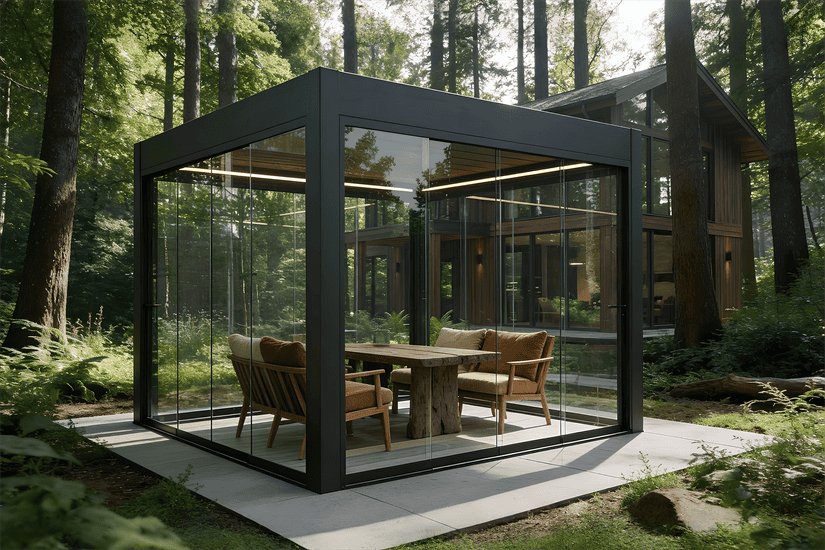 Freistehende Gartenlüx Cube Superior Terrassenüberdachung mit Rundum-Glasschiebewänden und LED-Beleuchtung in einer Waldlandschaft.