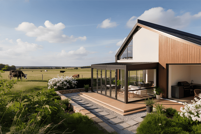 Modernes Gartenlüx Cube Superior Gartenzimmer in Anthrazit mit Glasschiebetüren an einem modernen Wohnhaus in ländlicher Umgebung.