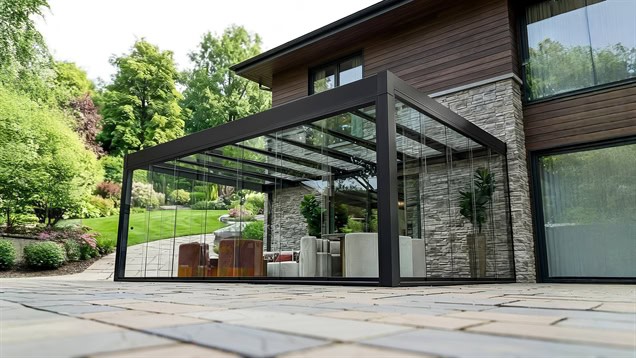 Anthrazitfarbenes Gartenlüx Maestro Lamellendach mit Rundum-Glasschiebetüren an einem modernen Wohnhaus mit Naturstein-Fassade.