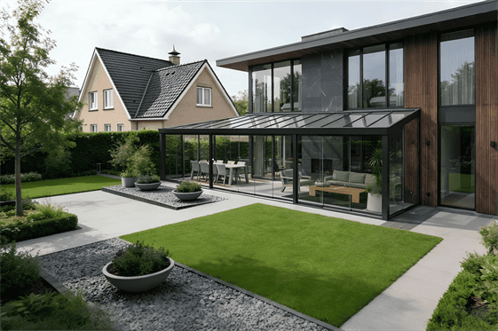 Massive Gartenlüx Magnifique Terrassenüberdachung aus Aluminium in Anthrazit mit großer Spannweite und Glasdach an einem modernen Wohnhaus.