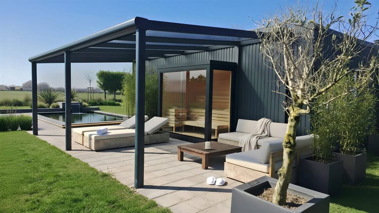 Luxuriöse Gartenlüx Prestige Terrassenüberdachung aus Aluminium in Anthrazit neben einer Außensauna und Poolbereich.