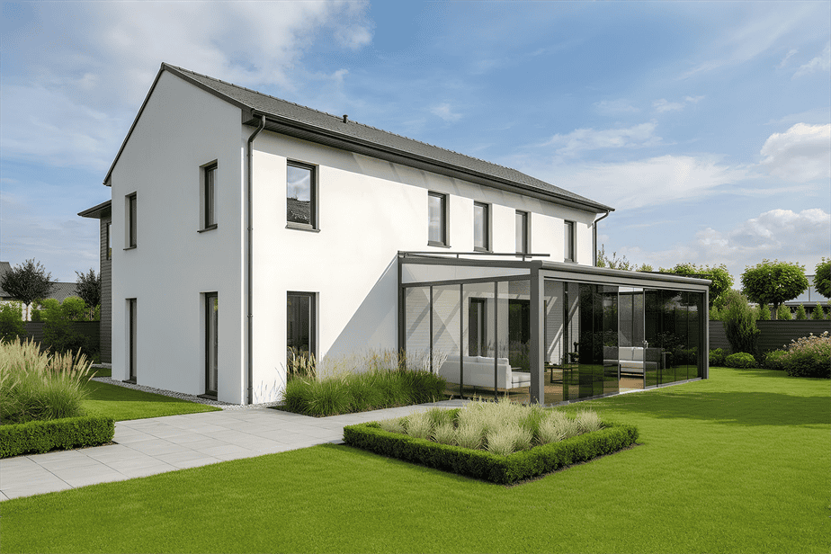 Großflächige Gartenlüx Prestige XL Terrassenüberdachung mit Glasschiebewänden an einem modernen weißen Einfamilienhaus mit weitläufigem Garten.