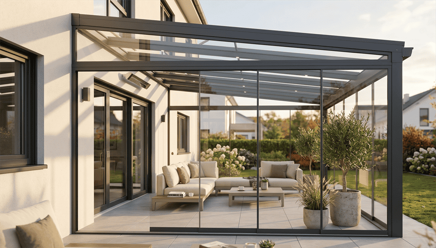 Ein modernes, verglastes Wintergarten-Gehäuse mit dunklem Metallrahmen an einem weißen Einfamilienhaus, eingerichtet mit einer L-förmigen Lounge-Couch, einem Couchtisch, Büchern, Tassen und zwei großen Tontöpfen mit Pflanzen (Olivenbaum, Gräser). Der Anbau öffnet sich zu einem gepflegten Garten und Rasen, mit weiteren Nachbarhäusern im Hintergrund unter klarem Himmel.