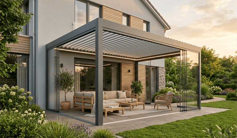 Moderne Terrassenüberdachung mit anthrazitfarbenem Lamellendach, Glasschiebewänden und LED-Beleuchtung an einem Wohnhaus im Abendlicht