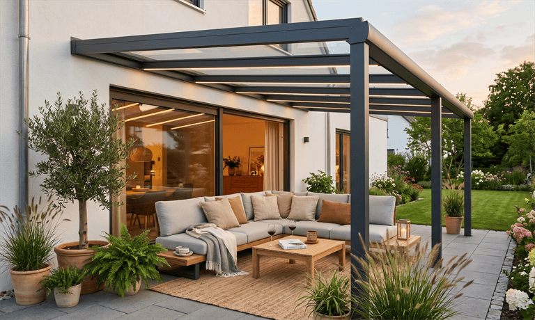 Moderne anthrazitfarbene Terrassenüberdachung aus Aluminium mit Glasdach an weißem Einfamilienhaus, gemütliche Outdoor-Lounge mit Sofa und Holztisch in der Abendsonne