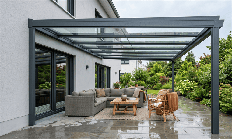 Terrassenüberdachung mit Glasdach in Anthrazit an einem Wohnhaus, nach Regen mit trockenem Loungebereich darunter