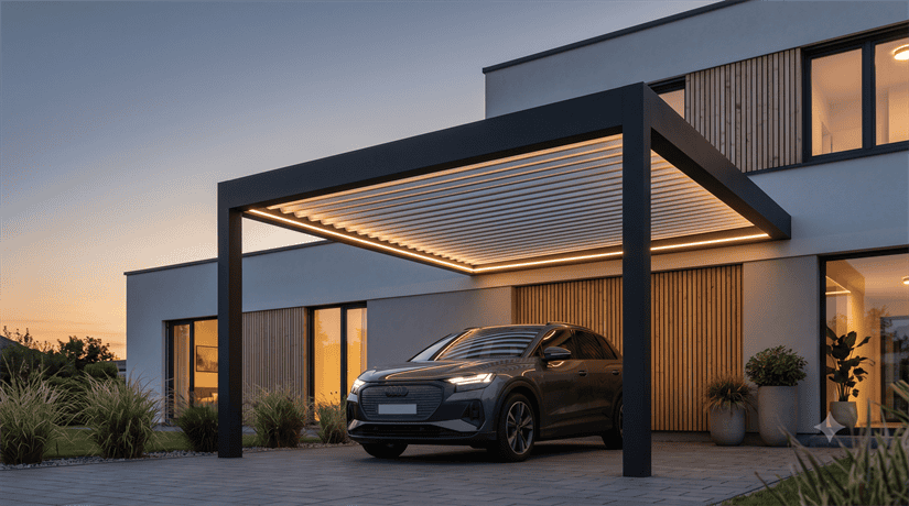 Anlehncarport mit Lamellendach und integrierter LED-Beleuchtung an einem modernen Haus in der Abenddämmerung
