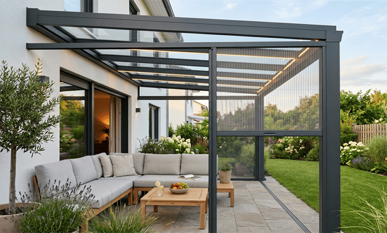 Moderne anthrazitfarbene Terrassenüberdachung aus Aluminium mit Glasdach und integriertem Insektenschutz an der Seite, gemütliche Lounge mit Sofa und Holztisch