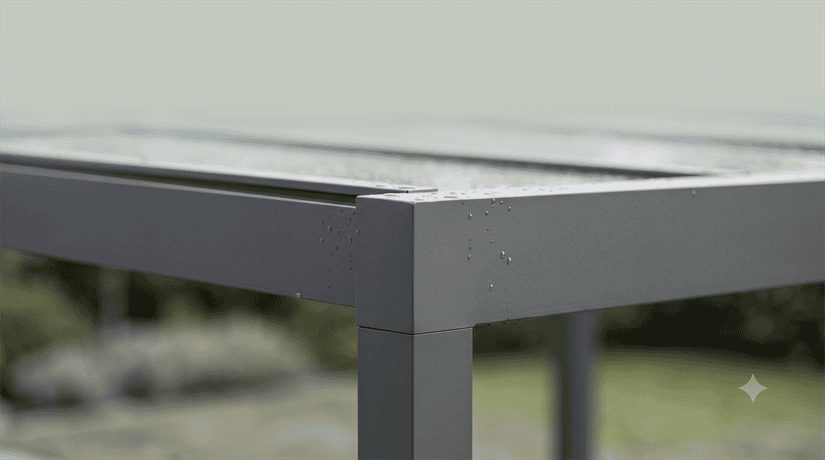 Nahaufnahme einer Aluminium-Eckverbindung mit anthrazitfarbener Pulverbeschichtung an einer Terrassenüberdachung